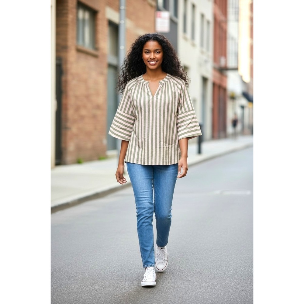 (L-305) ME by Jennie Garth Striped Blouse S Pink Green Elbow Sleeve Cotton QVC